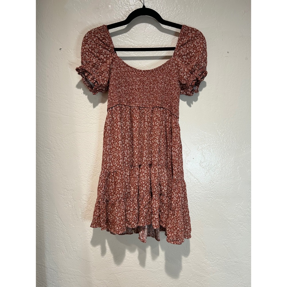Altar'd State Rust Floral Smocked Mini Dress Women Medium Tiered Boho